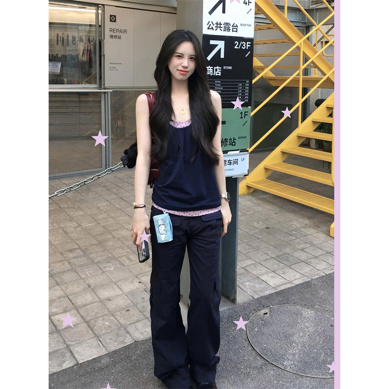 Korean Retro Polka Dot Navy Blue Fake Two-Piece Sleeveless Vest for Women, Summer Slim Fit, Stylish Casual Top