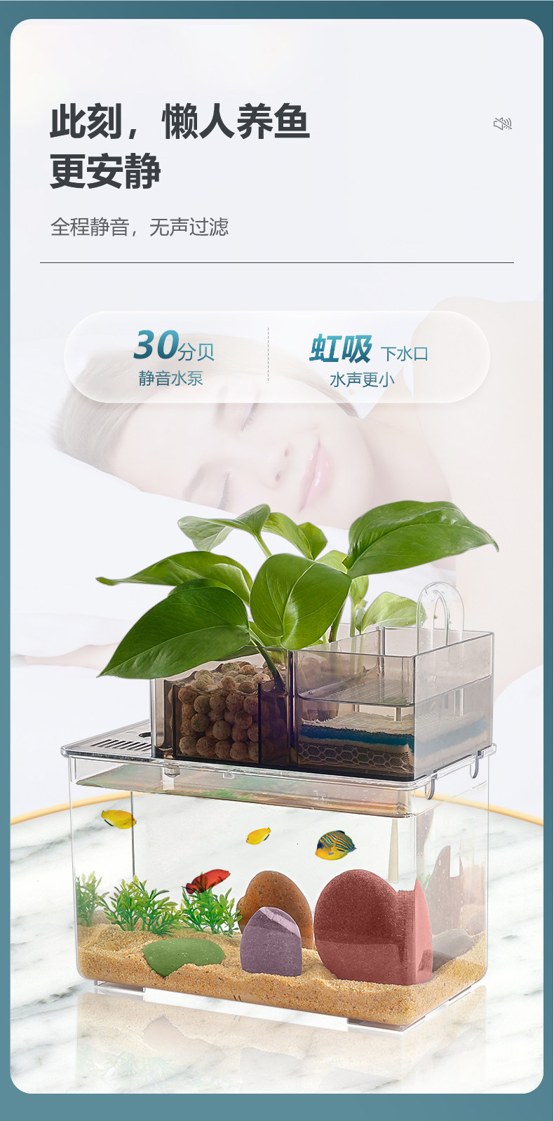 Аквариум 盛科析创意免换水族箱桌面金鱼缸家用小型迷你静音过滤造景生态缸