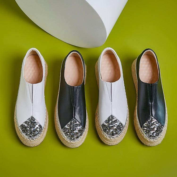 Thick-soled platform shoes women's 2022 spring new leather straw wedge-shaped single shoes rhinestone high-heeled slip-on shoes