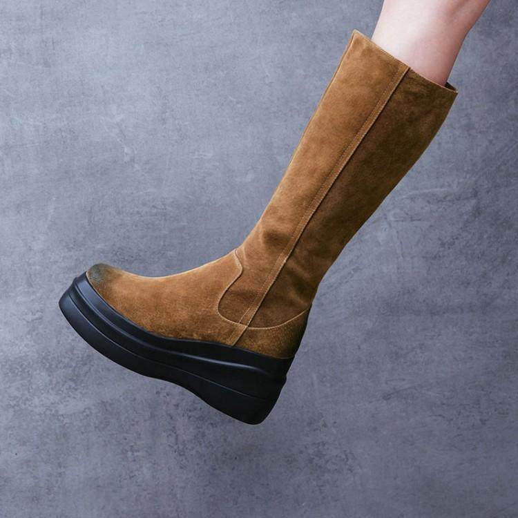 But knee boots women's winter 2022 new leather thick-soled boots wedge high boots British brown riding boots