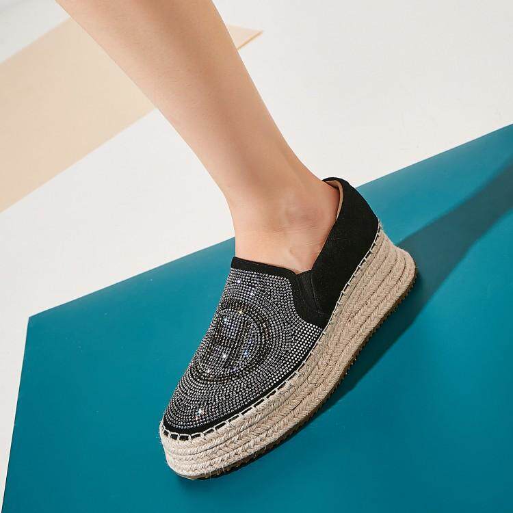 2022 spring new straw wedge shoes women's leather thick-soled lazy platform shoes rhinestone high-heel slip-on women's shoes