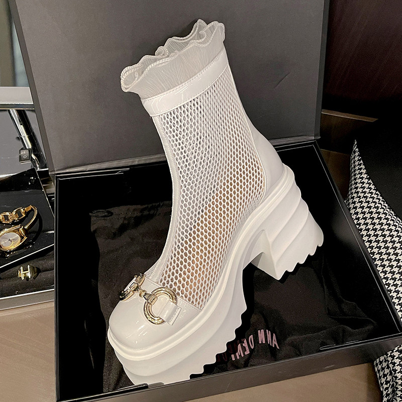Thin section Martin boots female real leather thick bottom thick heel mesh yarn cool boots Summer white small sub ultra high heel hollowed-out short boots