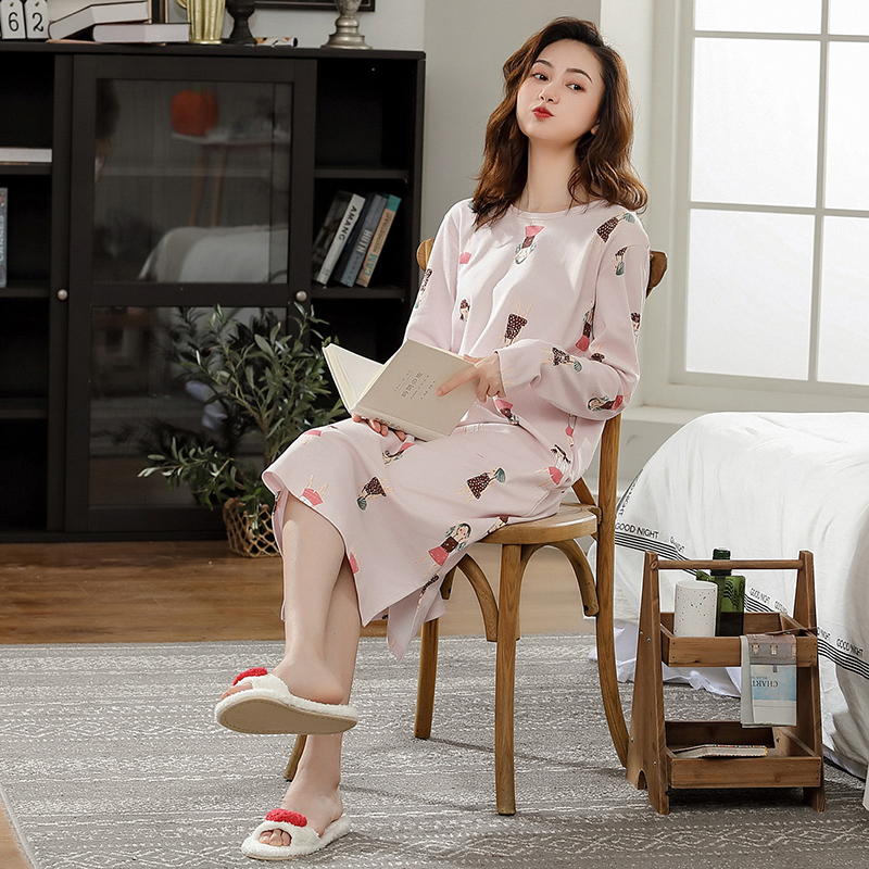 Mùa xuân Pyjama 2020 womens mới bộ đồ ngủ mùa xuân và mùa thu dài quá đầu gối nhà quần áo Han mất cỡ lớn womens thai đồ ngủ.