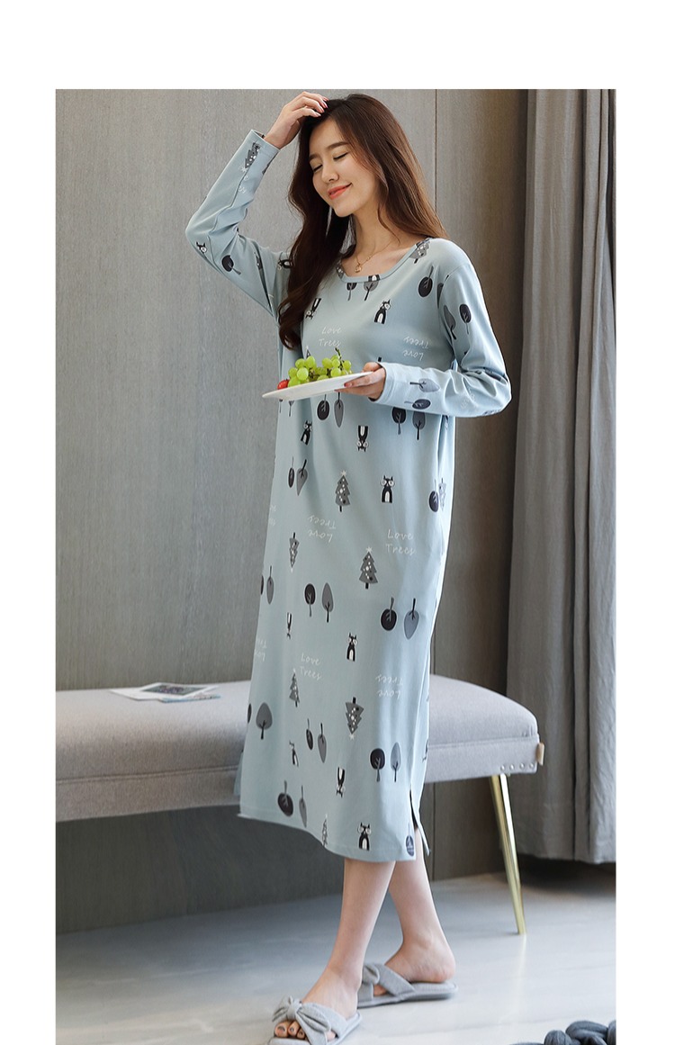 Váy ngủ nữ mùa thu cotton dài tay đồ ngủ nữ phiên bản Hàn Quốc của váy rộng kích thước lớn nữ sinh viên dài đầu gối váy ngủ váy ngủ lụa tơ tằm