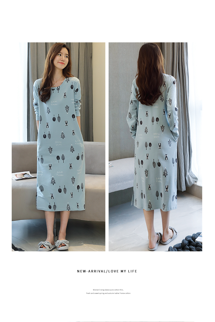Váy ngủ nữ mùa thu cotton dài tay đồ ngủ nữ phiên bản Hàn Quốc của váy rộng kích thước lớn nữ sinh viên dài đầu gối váy ngủ váy ngủ lụa tơ tằm