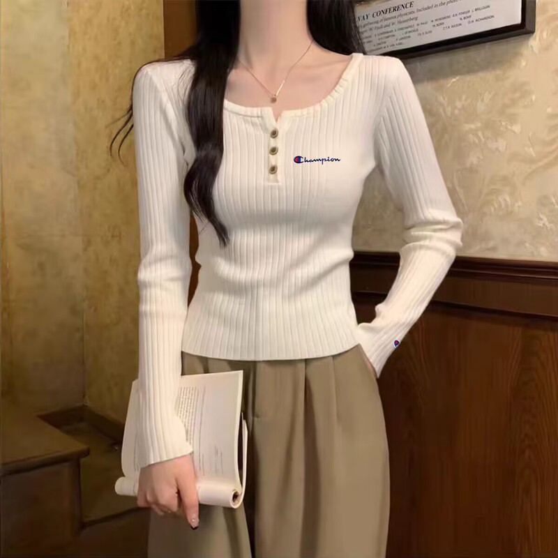 Japanese Version Champion Autumn and Winter New Embroidered Long-Sleeve Knit Sweater for Women, Versatile, Slimming, Stylish Top, Base Layer Japanese Version Champion Autumn and Winter New Embroidered Long-Sleeve Knit Sweater for Women, Versatile, Slimming, Stylish Top, Base Layer