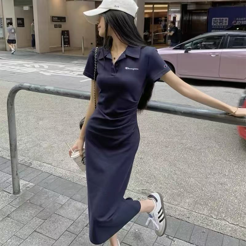 Japanese Version Champion Summer New Pure Cotton Embroidered Polot Shirt Dress Slim Fit Slimming Student Short-Sleeved Dress for Women Japanese Version Champion Summer New Pure Cotton Embroidered Polot Shirt Dress Slim Fit Slimming Student Short-Sleeved Dress for Women