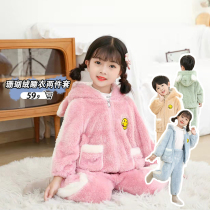 New autumn and winter children plush outside wearing even hat Rabbit ear suit Coral Suede Mid childrens babys in-home pyjamas