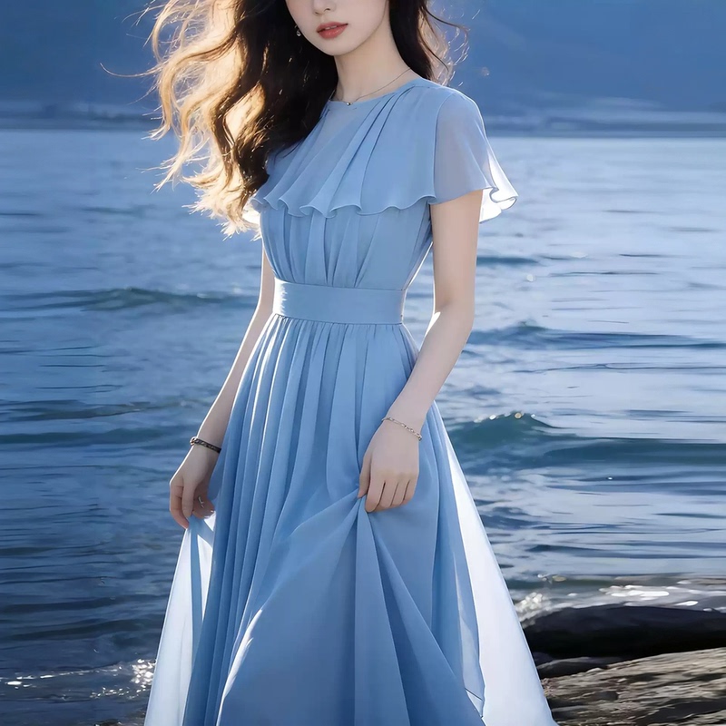 French-Style Blue Chiffon Dress for Women 2026 New Model, Waist-Cinching, Slimming, Long Dress for Seaside Vacation, High-End, Large Hem Dress