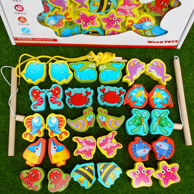 Early Lessons Intelligence Toy Magnetic Stereo Large Phishing Two-in-one Wooden Marine Life Threading Strings Beads