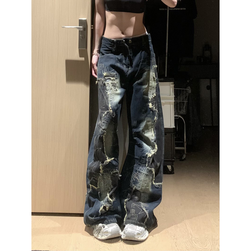 Yinlian American Retro Washed Heavy-Duty Distressed Patchwork Scimitar Jeans for Women, Wasteland High Street Floor-Length