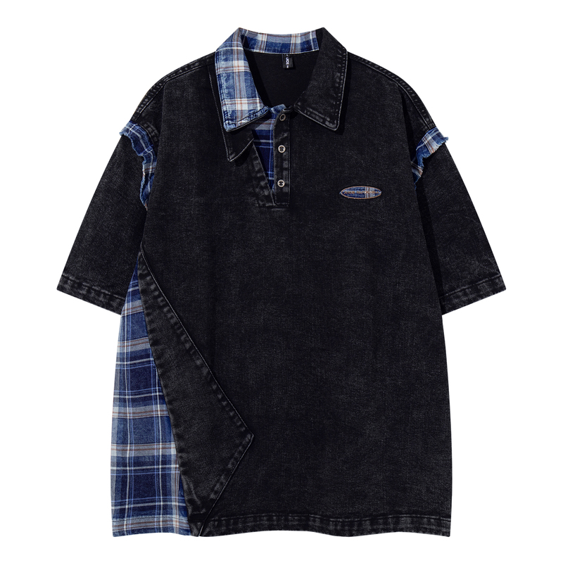 Unotobe American Retro Heavy-Duty Washed Plaid Patchwork Deconstructed Design Unisex Street Style Polo Short-Sleeve Top Unotobe American Retro Heavy-Duty Washed Plaid Patchwork Deconstructed Design Unisex Street Style Polo Short-Sleeve Top