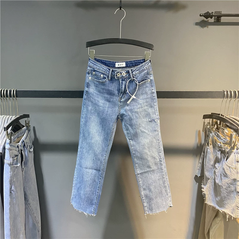 Hàng cao cấp châu Âu quần jeans ống suông thẳng nữ 2020 hè co giãn mới là quần lọt khe và đa năng tám điểm ống khói - Quần jean