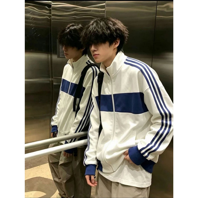 Chinese Trendy Brand Blue and White Patchwork Stand-Up Collar Zip-Up Sweatshirt Autumn Men's Couple Three-Stripe Casual Sports Trendy Brand Jacket Chinese Trendy Brand Blue and White Patchwork Stand-Up Collar Zip-Up Sweatshirt Autumn Men's Couple Three-Stripe Casual Sports Trendy Brand Jacket