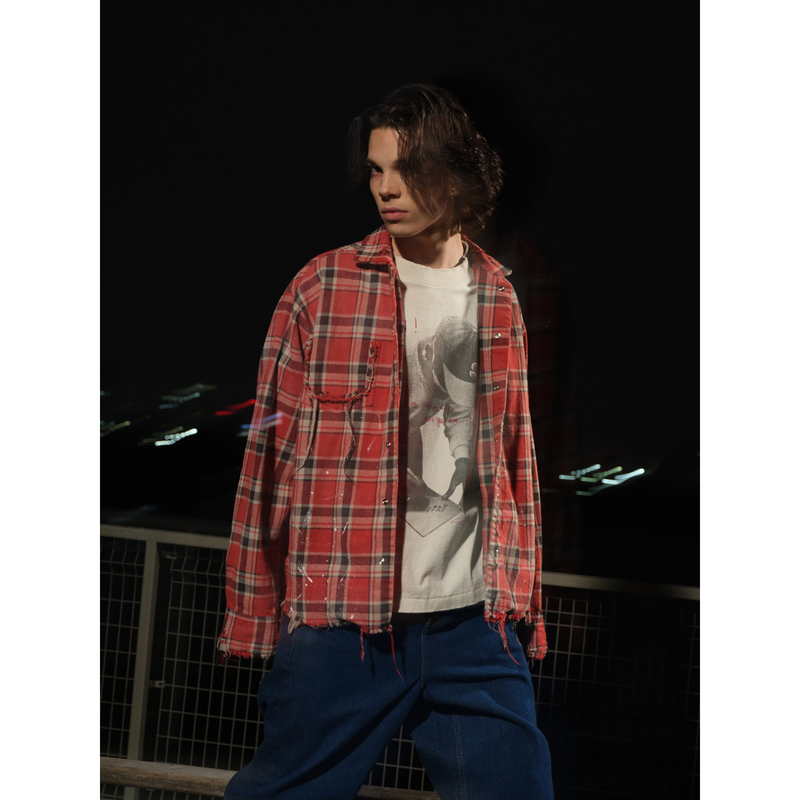 【Lnm】Lame Need Moola Spray-Painted Gradient Ink Clash Color Distressed Red and Black Checkered Long-Sleeve Shirt