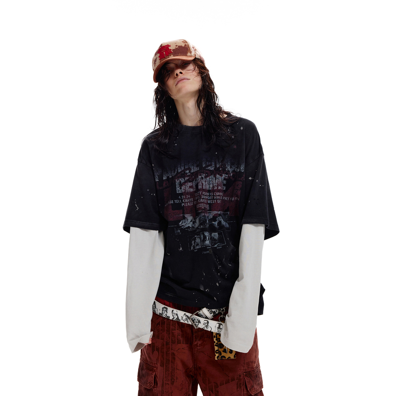 【Lnm】Lame Need Moola Handmade Distressed Washed Kangli Printed Fake Two-Piece Spliced Long-Sleeve T-Shirt 【Lnm】Lame Need Moola Handmade Distressed Washed Kangli Printed Fake Two-Piece Spliced Long-Sleeve T-Shirt