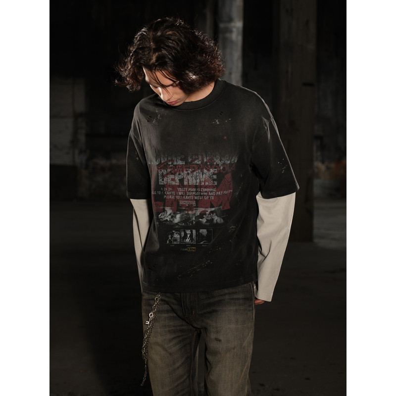 Replenishment in Progress】Lame Need Moola Handcrafted Distressed Washed Kangli Print Faux Two-Piece Spliced Long-Sleeve T-Shirt
