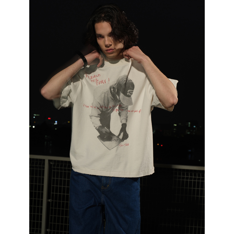 【Lnm】Lameneedmoola “Travisscott” Spoof Retro 260g Cotton and Linen Feel Short-Sleeved T-Shirt