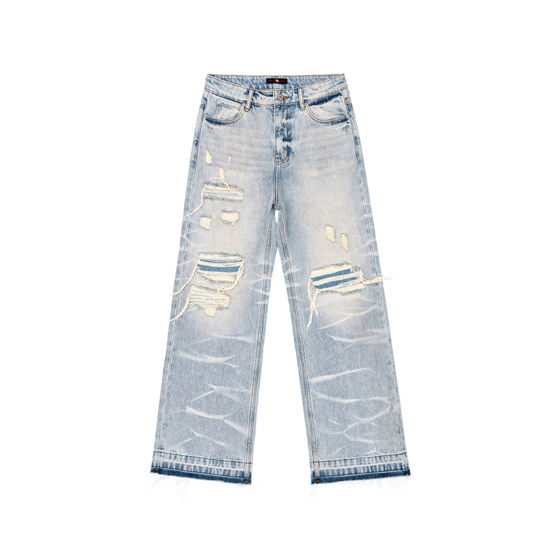 【Lnm】Lame Need Moola* Washed Blue Distressed Jeans with Frayed Hems in American Retro Style 【Lnm】Lame Need Moola* Washed Blue Distressed Jeans with Frayed Hems in American Retro Style