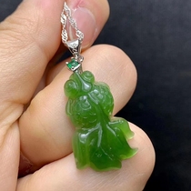 Hetian Jasper fish pendant silver inlaid spinach green green jasper goldfish pendant female jade pendant