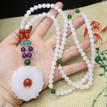 Natural Hetian Jade Jade Snow Lotus pendant womens white jade sweater chain pendant