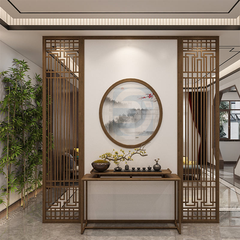 New Chinese style stainless steel screen brushed light luxury partition custom titanium alloy hollow lattice living room hotel entrance metal