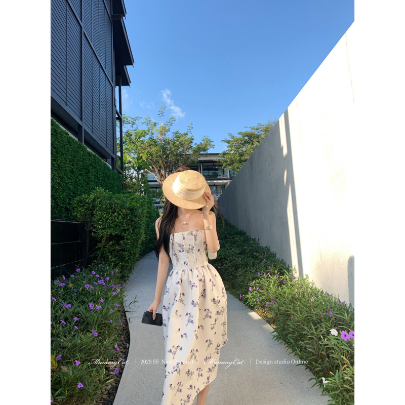 Mummy Cat Lays Eggs Meow【Unordered Romance】Purple Floral Fishbone Strapless Vacation Dress