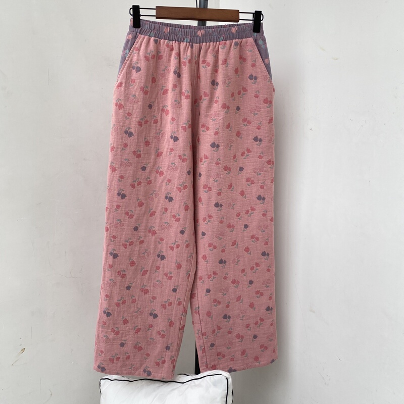 Class a Maternal and Infant Grade Pure Cotton Sleep Pants, Yarn-Dyed Jacquard Double-Layer Gauze Nine-Point Sleep Pants for Women, Pure Cotton Straight-Leg Home Pants Sleep Pants