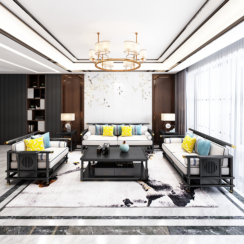 New Chinese style sofa combination set all solid wood light luxury furniture small apartment living room fabric sofa meeting room customization