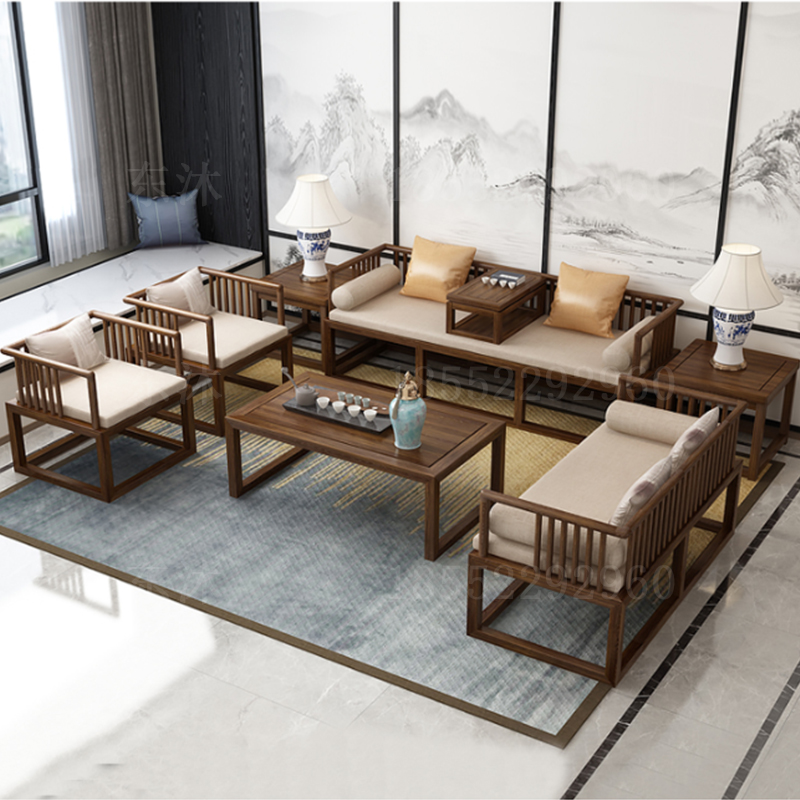 New Chinese style sofa combination set all solid wood light luxury furniture small apartment living room fabric sofa meeting room customization
