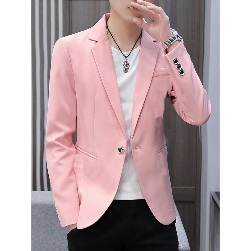 Pink Suit Jacket for Men, Spring and Autumn, Versatile, Solid Color, Casual, Slim Fit, Korean Style, Slimming