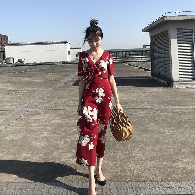 Chiffon French Sanya Tour Thailand Seaside Holiday Red V-Collar Long Edition Cherry Dress Children Summer