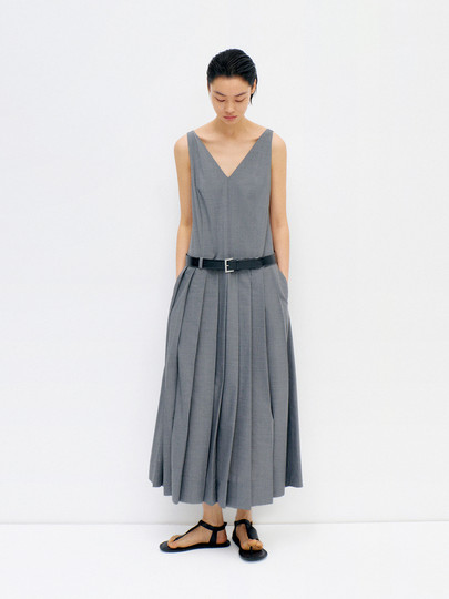 Edition Dress Women's Summer New Style Sleeveless V-Neck Suit Pleated Skirt with Belt Ebd2Drs078