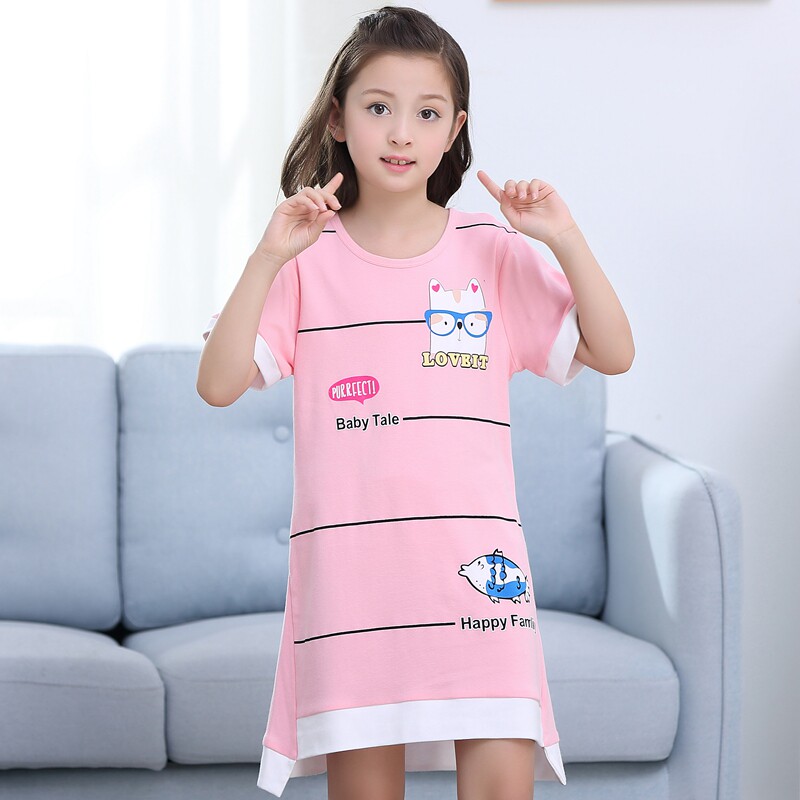 [USD 29.30] Children's pajamas girl summer night dress short sleeve