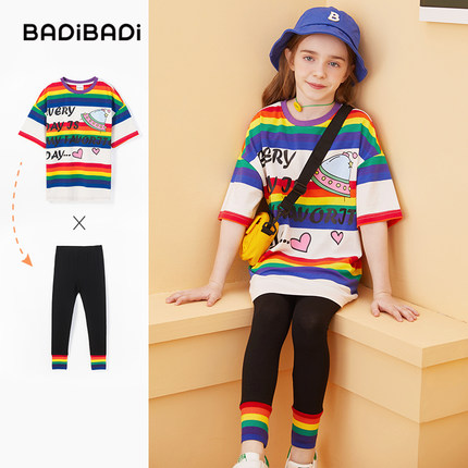 巴拉巴拉旗下女童夏装套装儿童2020新款运动彩虹网红洋气潮流大童