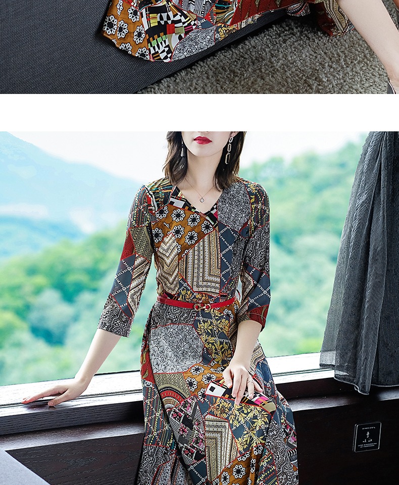 Váy yếm in họa tiết retro dài 2019 đầu mùa thu mới của phụ nữ thời trang Đầm voan cổ chữ V mỏng - Váy dài váy voan hoa nhí dáng dài