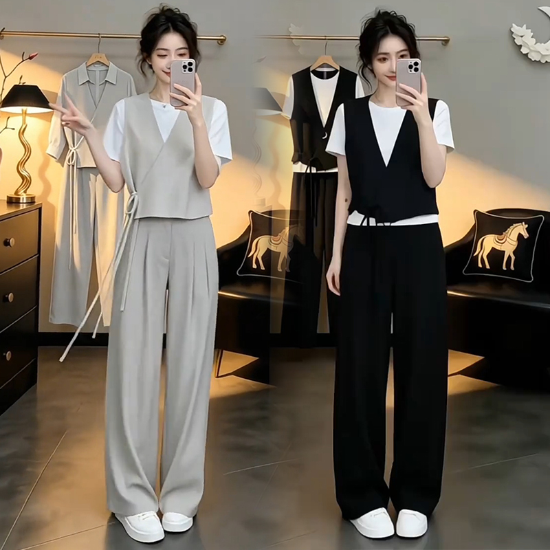 Fashionable Women's Suit 2026 Summer New Stylish Casual Tie-Up Vest Short-Sleeve Wide-Leg Pants Cotton-Linen Three-Piece Set Trendy