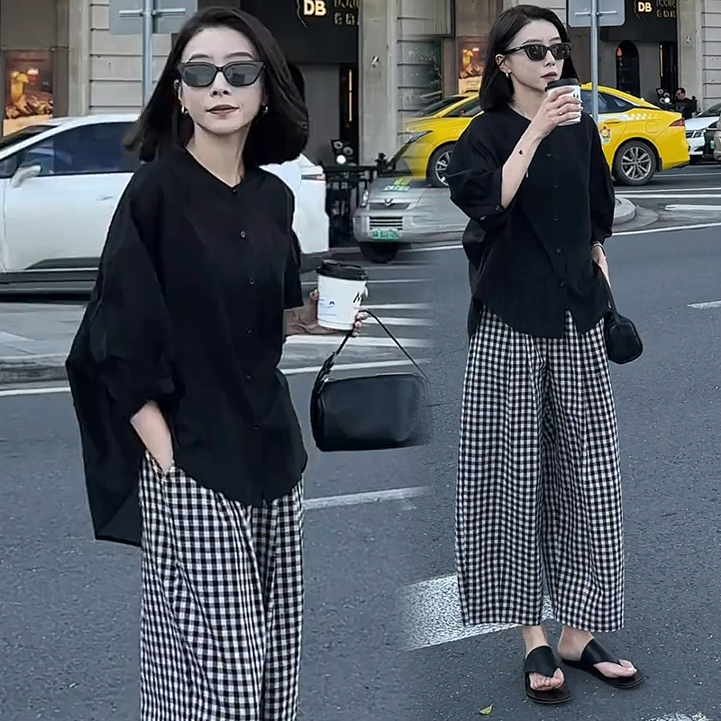 Fashion Casual Suit for Women 2026 Spring/Summer New Style Loose Slimming Shirt with Plaid Wide-Leg Pants Two-Piece Set Trendy
