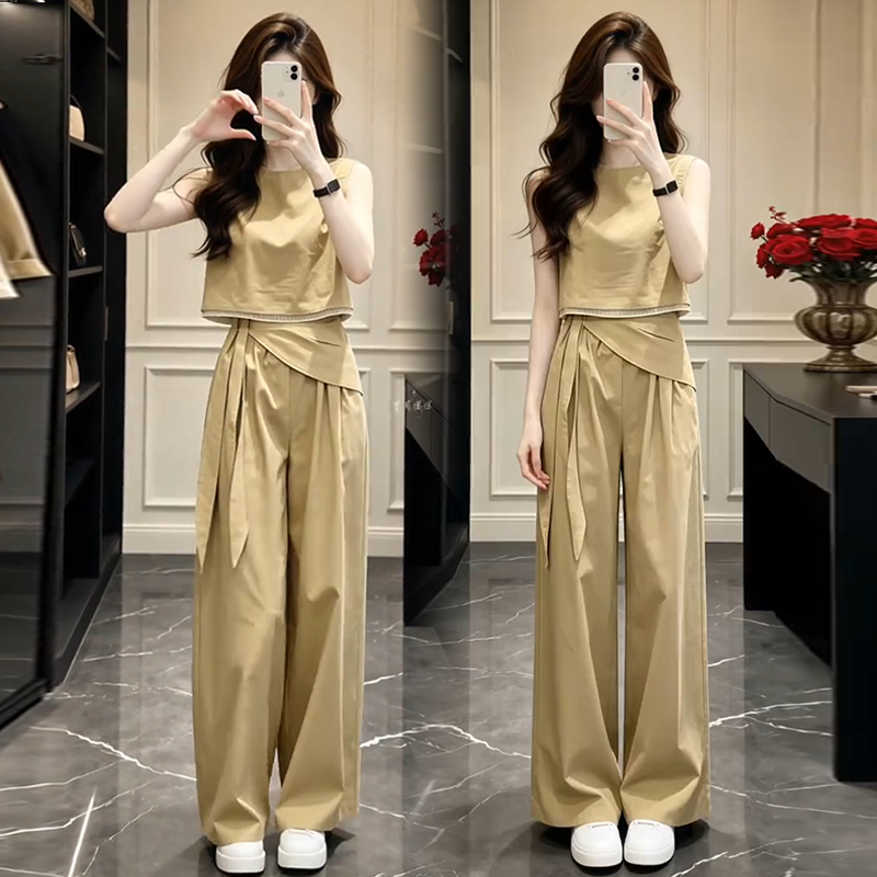 Fashionable Women's Suit 2026 Summer New Stylish Slim-Fit Design Sleeveless Top and Wide-Leg Pants Casual Two-Piece Set