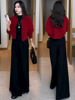 Fashion suit for women 2025 autumn and winter new style slim knitted cardigan short coat wide leg pants temperament two-piece set