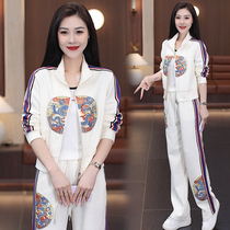 New Chinese sportswear suit womens spring new foreign air weight reduction Embroidery Cardiovert Pants Casual two sets of damp