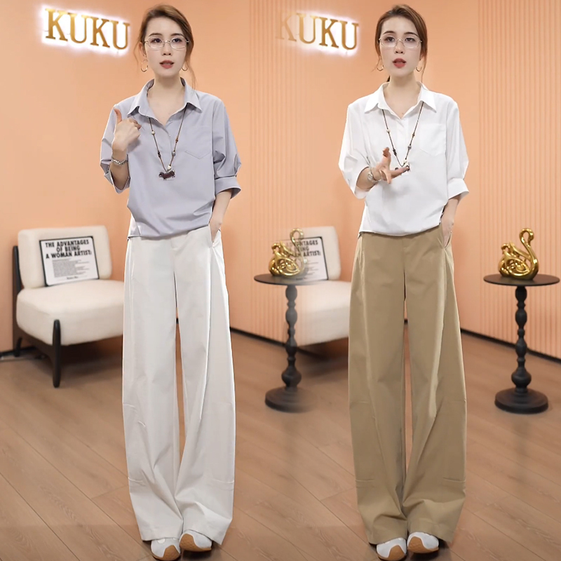 Fashion Suit for Women 2026 Spring and Summer New Style, Stylish and Slimming, Three-Quarter Sleeve Shirt, Wide-Leg Pants, Casual Two-Piece Set