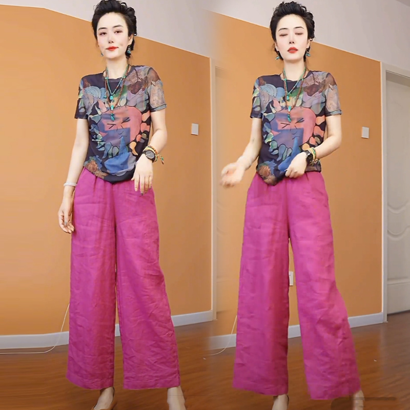 Fashionable Women's Suit 2025 Summer New Stylish Slimming Printed Short-Sleeve T-Shirt Wide-Leg Pants Casual Two-Piece Set Trendy