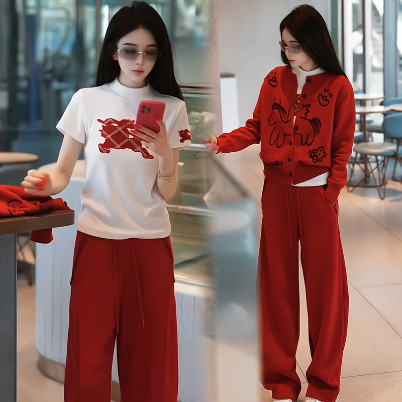 Fashionable Women's Spring New Style Elegant Zebra Embroidery Knitted Cardigan T-Shirt Wide-Leg Pants Casual Three-Piece Set