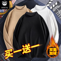 Semi-turtleneck base shirt mens velvet thickened De Velvet inside warm top double-sided velvet mens autumn and winter long-sleeved T-shirt