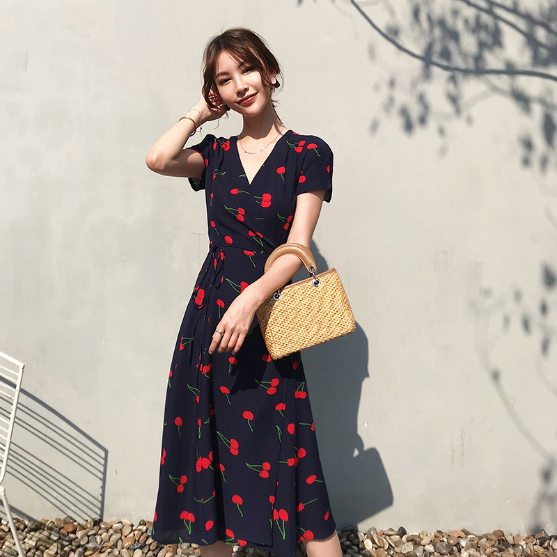Cherry Print ~ Yao Chen Celebrity Style Wrap Dress, Elegant French Style Petite Dress, 2026 Summer New Women's Model