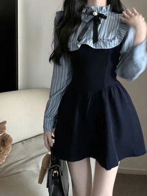 Sweet school-style girlish dress, petite and cute first love fake, two high-end design dresses for autumn