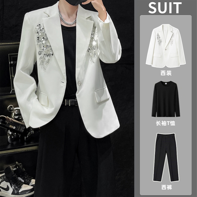 High-End Niche Sequin Three-Dimensional Embroidered White Suit Jacket for Men, Stylish Casual Loose Light Luxury Suit Set