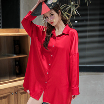 2021 New nightdress women autumn Ice Silk thin sexy red long shirt pajamas home clothes can be worn outside