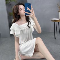 Sleeping Dress Woman 2022 New Summer Short Sleeves Senior Sensation Pyjamas Fold home Sexy Sleeping Dress Woman Summer Ice Silk